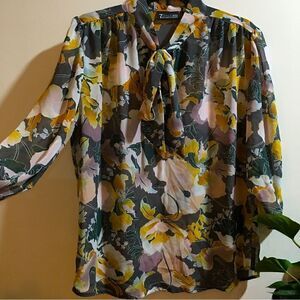 7th Avenue Sheer Grey blouse with gold and pastel colors